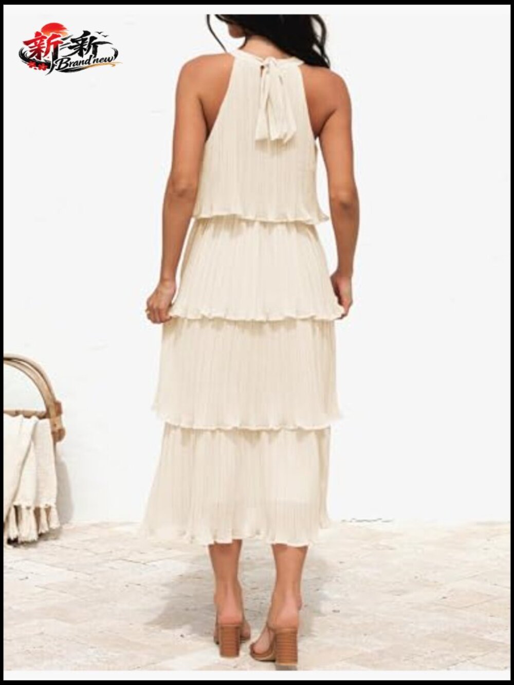 Halter Neck Ruffle Tiered Chiffon Flowy Swing Long Midi Dress Sleeveless Summer - Picture 5 of 7